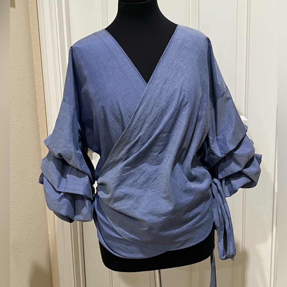 IMPULSIVE Blue Wrap Blouse with Tiered Puff Sleeves WOMEN PLUS SIZE 3X